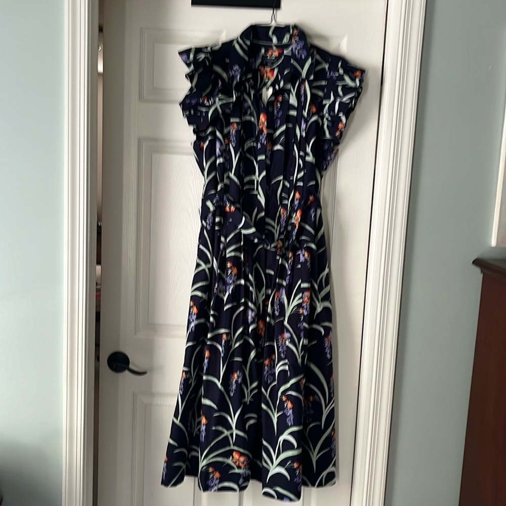 Anthropologie Navy Floral Midi Dress with Green and Orange Accents